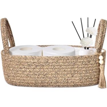 Imagem de ABenkle Cesta de armazenamento pequena para vaso sanitário – Organizador de corda de juta com alça, decoração de banheiro de bancada boho, suporte de papel higiênico, 33 x 15 x 10 cm