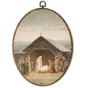 Imagem de Lengues Arte de parede oval de presépio vintage, decoração de parede oval de presépio de Jesus Cristão, Cottagecore noite estrelada, Natal, inverno, Natal, Natal, Natal, Natal, Natal, Natal, Natal