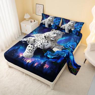 Imagem de AILONEN Jogo de cama solteiro com leopardo, neve branca, 4 peças, rosa azul, animais selvagens, animais selvagens, 1 lençol de cima + 1 lençol com elástico + 2 fronhas