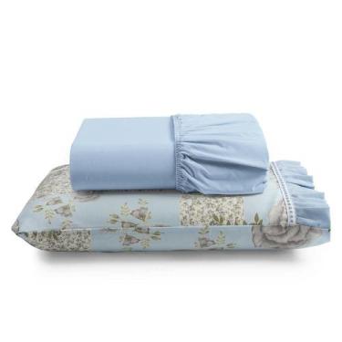 Imagem de Jogo Lençol Fiore Solteiro Algodão Babadinho 2Pç ul Floral - Casa Scar