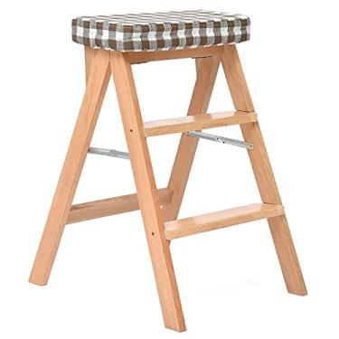 Imagem de BSNANCA Banqueta de bar dobrável banquinho multifuncional banquinho alto portátil criativo almofada de tecido de linho (cor marrom e original de madeira) Bancos de bar Altura do balcão (Cor: Log E