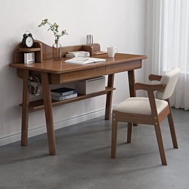 Imagem de ZDJZMGZ Escrivaninha moderna de madeira maciça de meados do século com gavetas e prateleira, mesa de computador ideal para estudo de escritório em casa, pele elegante e funcional (cor: nogueira