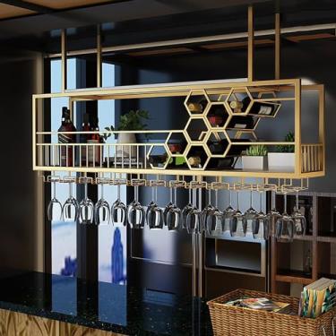 Imagem de Prateleiras de vinho modernas de teto, rack de vinho de armazenamento de bar, suporte de rack de copo de vinho de metal para garrafa de vinho prateleiras flutuantes, rack de vinho suspenso industrial
