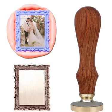 Imagem de VSECUON Carimbo de cera retangular grande em relevo 3D, cabeça de latão removível com cabo de madeira, moldura de foto em relevo 3D, carimbo de cera para convites de casamento, álbuns, cartas