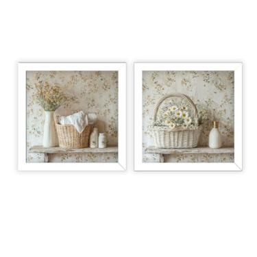 Imagem de Kit 2 quadros 18x18 cm, banheiro, lavabo, flores, vasos, margarida, moldura e vidro- Decoração para Banheiro, Lavabo e Cozinha(Branco)