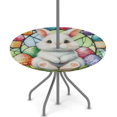 Imagem de hongjinglin Toalha de mesa de Páscoa para uso ao ar livre com orifício para guarda-chuva, toalha de mesa redonda elástica com zíper, impermeável, limpável, para piquenique, festa, pátio, serve para