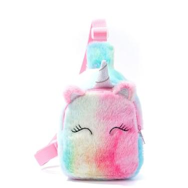 Imagem de Bolsa tiracolo de pelúcia de unicórnio macia e felpuda bolsa de ombro fofa lembrancinhas de festa presentes de aniversário, Arco-íris, Kids, Casual