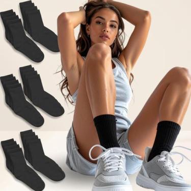 Imagem de Kit 12 Pares Meia Feminina Cano Médio Preta Estilosa Fitness Tamanho:3
