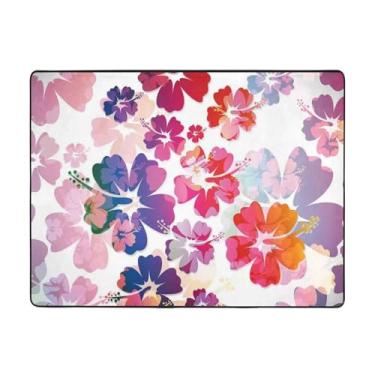 Imagem de ZERAOKE Tapete de área com estampa de flores havaianas 48 x 163 cm, lavável na máquina com suporte antiderrapante, tapetes macios para sala de estar, quarto, entrada, quarto de crianças, decoração de
