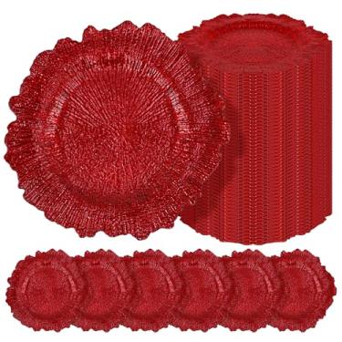 Imagem de Teruntrue 50 placas carregadoras vermelhas a granel de 33 cm, placas de carregamento de plástico para prato de jantar, carregadores vermelhos para configuração de mesa, placa de design de recife