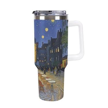 Imagem de Copo de café com terraço à noite de 1,134 g, copo de café, copo Stanley de grande capacidade, aço inoxidável, isolado a vácuo, selado para suporte de copo de carro e ao ar livre à prova de vazamento e