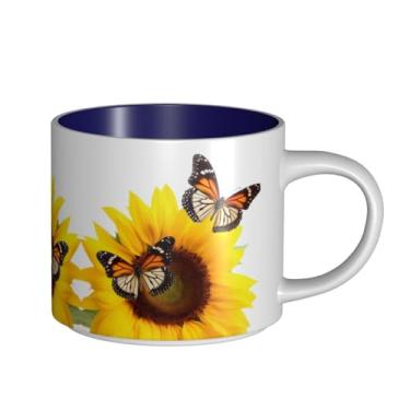 Imagem de ZERAOKE Borboletas e girassóis - Caneca grande de cerâmica impressa para café, capacidade grande para escritório e casa, pode ser lavada na lava-louças, design com alça em C.