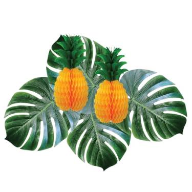 Imagem de Beistle Conjunto de decoração tropical – 2 peças centrais de abacaxi de tecido e 4 folhas de palmeira Monstera, decorações vibrantes de festa Luau para eventos de verão, temas Tiki, festas na praia e