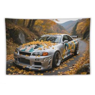 Imagem de HouLaiZhe JDM Tapeçaria de carro Jdm R32 carro esportivo folhas caídas outono pendurar na parede quarto decoração de casa tapeçarias estética piquenique decoração de parede arte de parede para