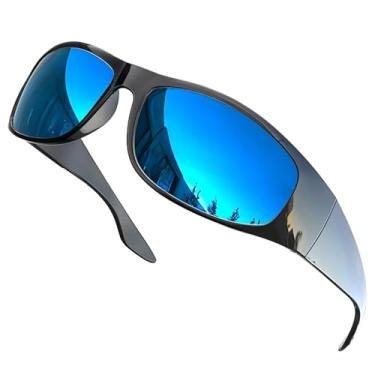 Imagem de grinderPUNCH Óculos de sol pretos polarizados superescuros | motociclista estilo motociclista | Proteção UV leve estilo envolvente, Armação brilhante/lente azul, Standard