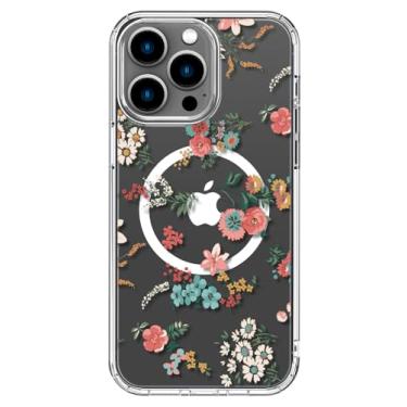 Imagem de ICEDIO Capa para iPhone 15 Pro Max com protetor de tela - compatível com carregamento sem fio, proteção aprimorada da câmera, capa transparente com design floral moderno para mulheres - pequenas