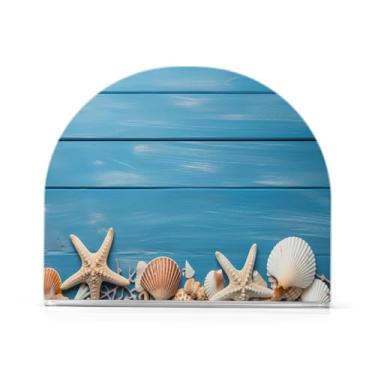 Imagem de Wassud Porta-guardanapos de acrílico de madeira azul com estrela do mar, dispensador de guardanapo de papel moderno em forma de U para mesa, cozinha, sala de jantar, bancada 1 peça (comporta 50-60
