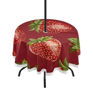 Imagem de CEBUGI Toalha de mesa redonda para uso externo, vermelho, morango, impermeável, com furo Umberlla, capa de mesa lavável para pátio, cozinha, sala de jantar, 152 cm