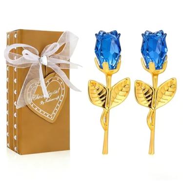 Imagem de Klfoho Mini flor de cristal rosa de vidro com caixa, presente romântico rosa de cristal para sempre, para aniversário de casamento/esposa, dia dos namorados, aniversário/casamento, pacote com 2 (azul)