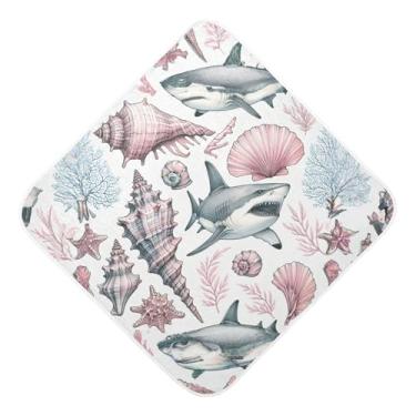 Imagem de Burbuja Toalha de banho de bebê Pink Pastel Shells Sharks - Toalha com capuz de musselina macia e absorvente para recém-nascidos e bebês, 89 x 89 cm