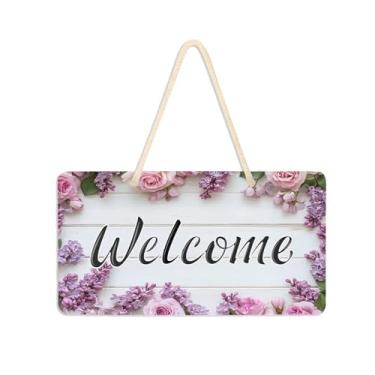 Imagem de Burbuja Rosas cor-de-rosa lilás flores na placa de boas-vindas de madeira para porta da frente, placa de boas-vindas de PVC para pendurar na parede varanda casa de fazenda, decoração de férias, 15 x