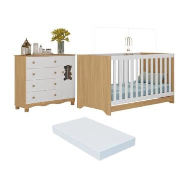 Imagem de Berço Americano 3 em 1 com Colchão Incluso e Cômoda 1 Porta 4 Gavetas Ternura Multimóveis Mp4734 Madeirado/branco