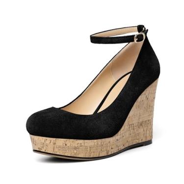 Imagem de AUMOTED Sapatos femininos de salto alto plataforma plataforma fechados bico redondo fivela tira no tornozelo salto anabela sapatos de salto para mulheres vestido casual de 9 cm de salto alto, Camurça preta, 10