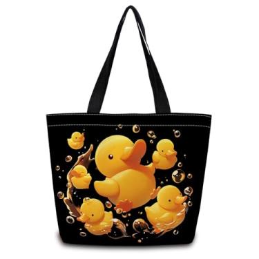 Imagem de ZhuVantrix Bolsa de mão de borracha com bolso interno com zíper, leve e lavável, elegante, fofo, pato, amarelo, presente para mulheres amigas
