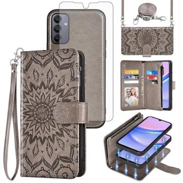 Imagem de Asuwish Capa de celular para Samsung Galaxy A15 5G/4G Carteira com zíper magnética destacável com protetor de tela alça transversal alça de flor flip porta-cartão A 15 G5 15A mulheres homens cinza