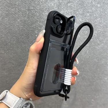 Imagem de Cordão de mão com slot para cartão, capa transparente para iPhone 15 16 Pro Max 14 13 12 11, suporte dobrável para lentes, capa de acrílico, preta, para iPhone 12
