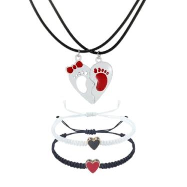 Imagem de LittleFathand 4 peças combinando coração casal pulseira para mulheres homens pegada amizade colar ajustável amor coração pulseira dia dos namorados joia presente, Zinco, Sem Pedra Preciosa