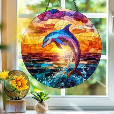 Imagem de Acrílico colorido, apanhador de sol, decoração de janela suspensa de golfinho, arte de parede de arco-íris, para varanda, interior e exterior, jardim, enfeites de Natal, decoração 19 x 19 cm, CH#62