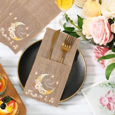 Imagem de 5 peças Eid Mubarak saco de talheres de serapilheira, padrão de flor amarela lua dourada, suporte de talheres e garfos, decorações de mesa para festa muçulmana, vintage, rústico, artigos de jantar