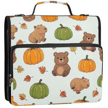 Imagem de 3 fichários para fichários de 3,8 cm com zíper de abóbora, ursinhos de capivaras, abóbora, com alça de ombro para escola, portfólio durável e suporte de pasta, 34,5 x 31,5 x 9 cm