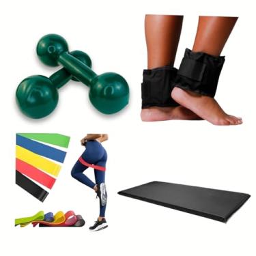 Imagem de Kit Fitness com Halteres 1 kg, Par de Caneleiras 1 kg, Elástico para Treino e Alongamento, 4 Peças