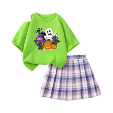 Imagem de Conjunto De Camiseta E Saia Xadrez Com Estampa De Gato Fantasma De Hal