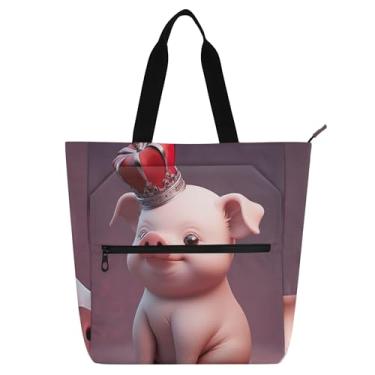 Imagem de Bolsa feminina adorável e fofa coroa de porco rosa para trabalho em lona escolar bolsa de livros para professores, presente para amantes de livros