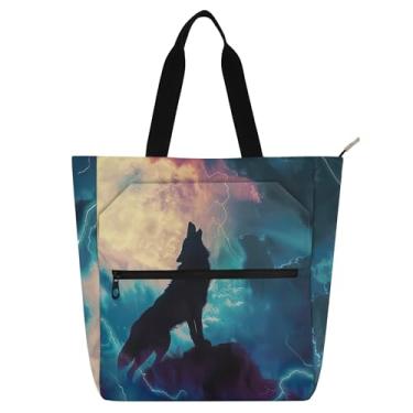 Imagem de GAIGEO Bolsa feminina de trabalho de lona escolar com lobo uivando e luando, presente para professores, para amantes de livros