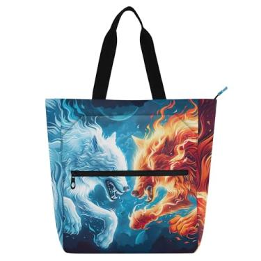 Imagem de GAIGEO Bolsas femininas Fire Wolves Fight Flames para trabalho, lona, faculdade, escola, bolsa, bolsa de professor com compartimentos
