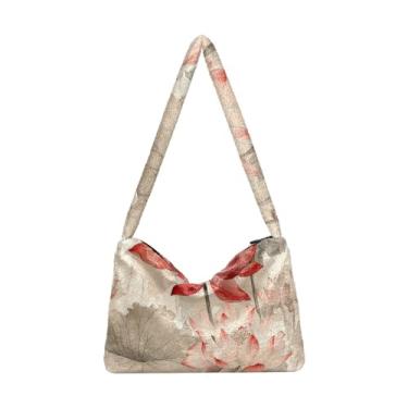 Imagem de Bolsa de ombro feminina roxa bege premium aquarela roxa floral botânica, sacola, bolsas de outono, Vermelho bege tricolor premium cinza lótus floral, One Size
