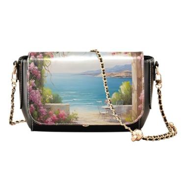 Imagem de Cactus and Flower on a Green Faux Leather Shoulder Bag, Ladies Leather Crossbody Bags, Leather Bag for Women Crossbody, Pintura de praia com flores rosa - 3, One Size