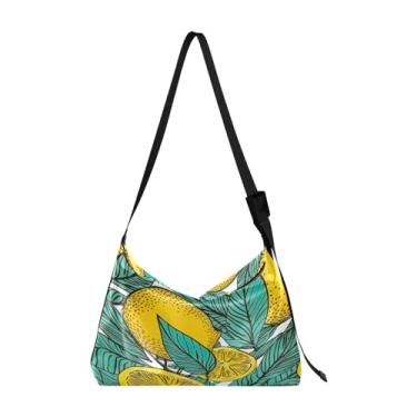 Imagem de Bolsa tiracolo de couro grande azul cosmos floral com folhas, bolsa transversal de couro masculina, bolsa de couro com zíper, Fatias e folhas de limão - 2, One Size