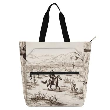 Imagem de Bolsa feminina cowboy montando cavalo cacto para trabalho lona praia livro bolsa zíper crianças bolsas fofas livro amante presente