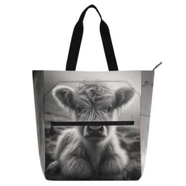 Imagem de GAIGEO Linda bolsa feminina cinza vaca Highland para trabalho lona praia livro tote com zíper bolsa de professor com compartimentos