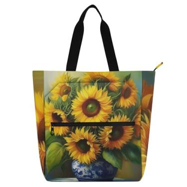 Imagem de GAIGEO Bolsas femininas amarelas girassóis para trabalho de lona com zíper bolsa de praia utilitária para crianças amantes de livros