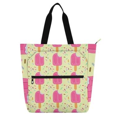 Imagem de Sacolas de trabalho amarelas com picolés cor-de-rosa para mulheres bolsa de lona para livros de praia com zíper para professores bolsas de presente para amantes de livros