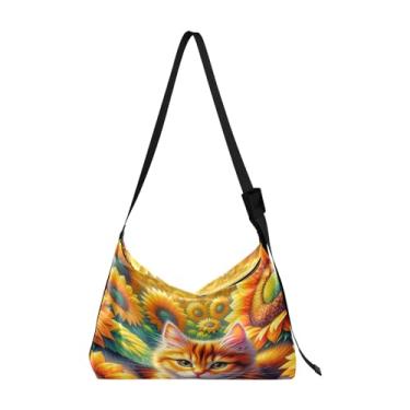 Imagem de GAIGEO Bolsa de ombro masculina de couro Arrow to the Heart on Valentine's Day, bolsa de ombro transversal de couro com zíper, Gato fofo sentado entre girassóis, One Size