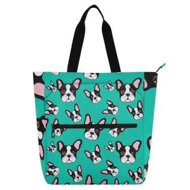 Imagem de GAIGEO Bolsa de lona com zíper para crianças, mulheres, professores, escola, trabalho, buldogue francês, azul-petróleo