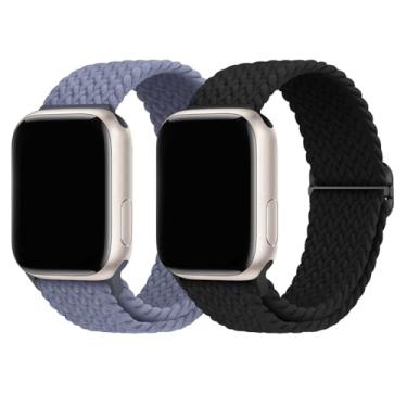 Imagem de Pacote com 2 pulseiras trançadas elásticas compatíveis com Apple Watch 49 mm, 46 mm, 45 mm, 44 mm, 42 mm, 41 mm, 40 mm e 38 mm para séries 11/10/9/8/7/6/5/4/3/SE/Ultra, 2 homens e mulheres (preto/azul