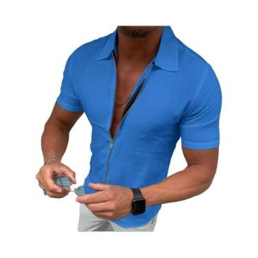 Imagem de Camisa Masculina Slim Fit Com Zíper E Manga Curta, Casual De Negócios 
